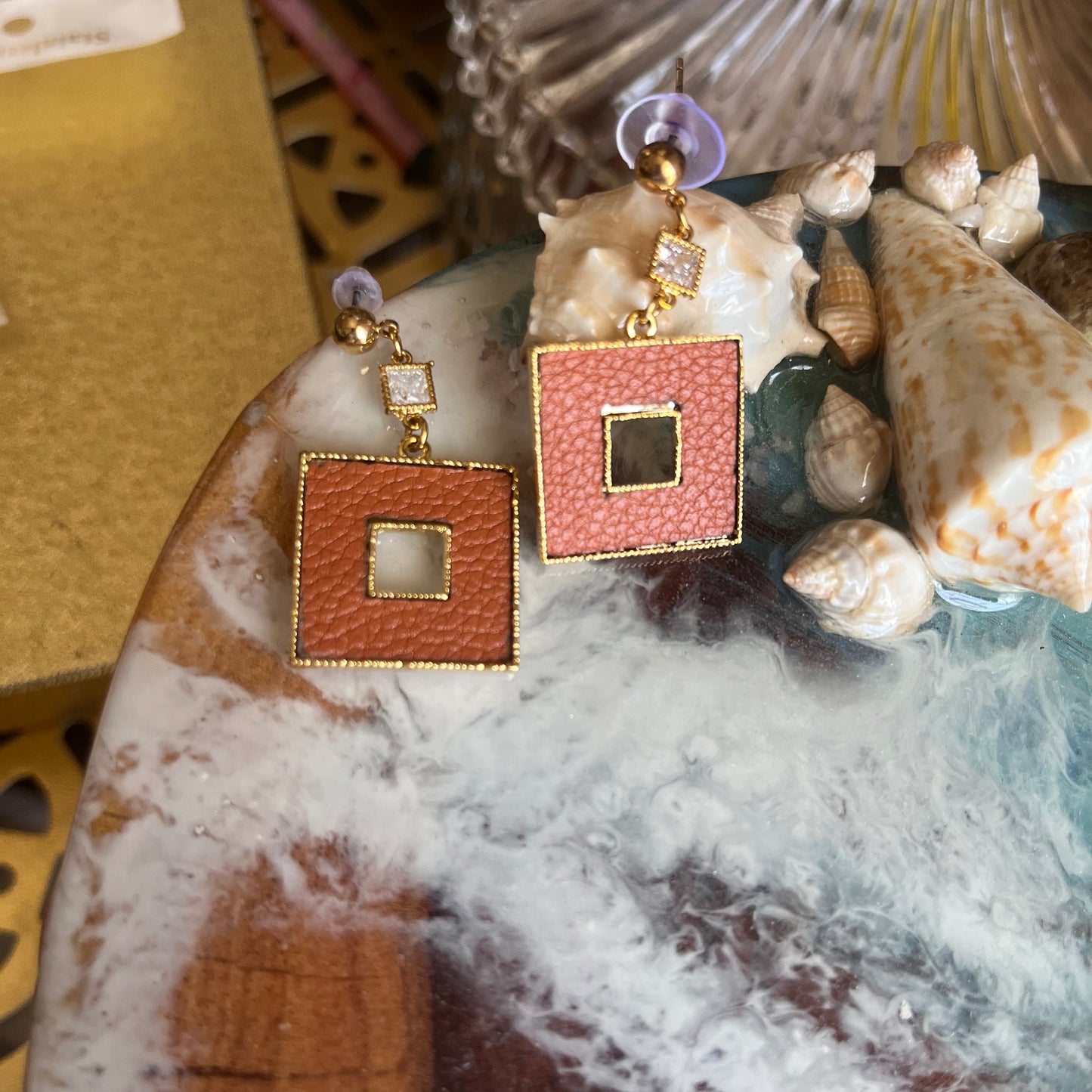 Casual Square Hole Earrings - Rust