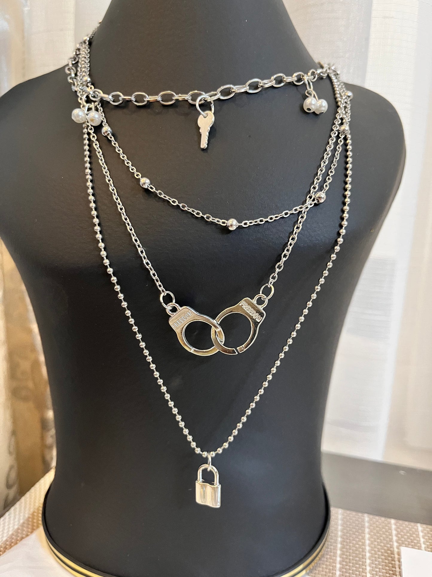 Lock Cuffs Key Long Necklace Silver
