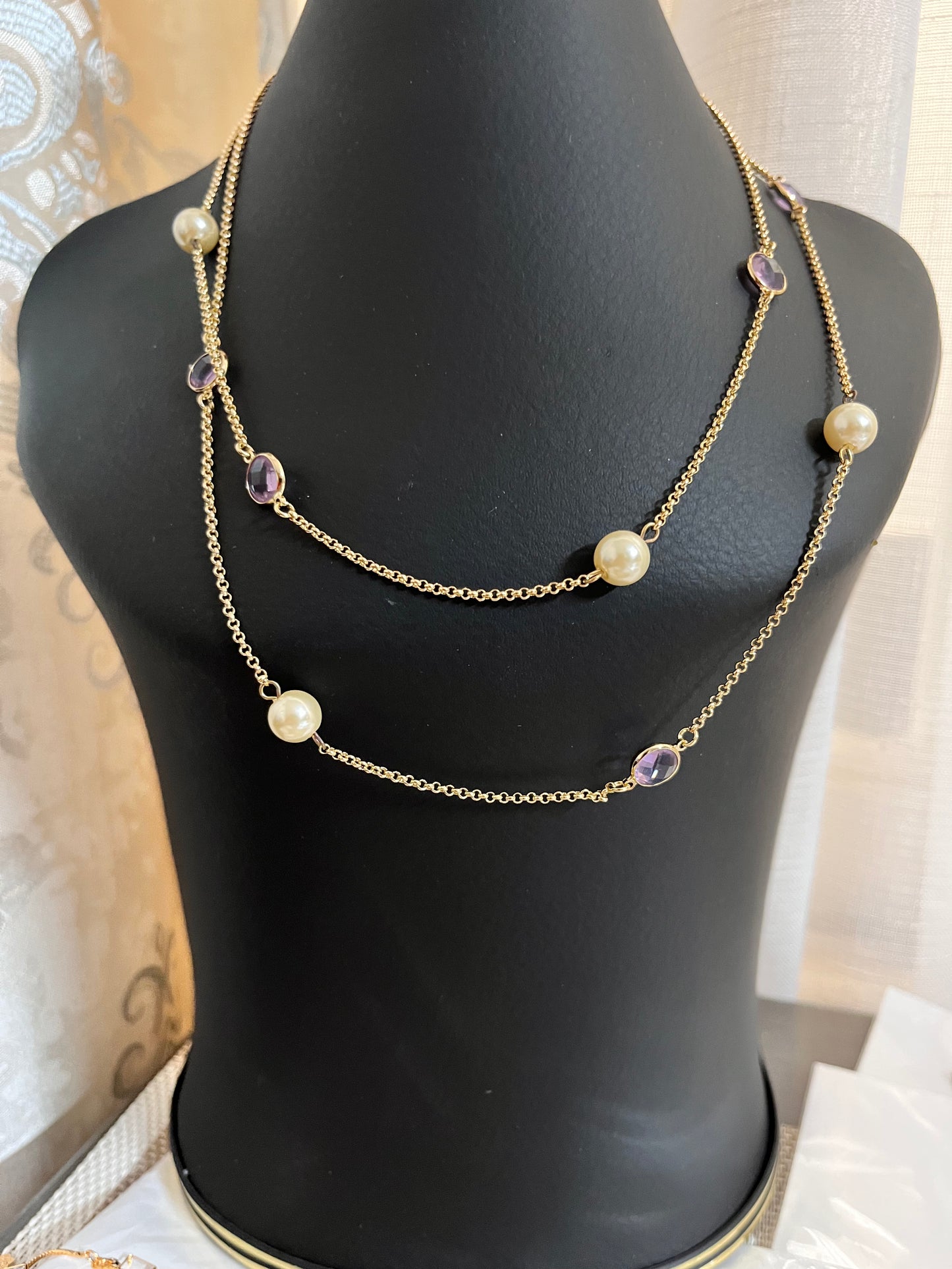 Purple Crystal Pearly Long Necklace